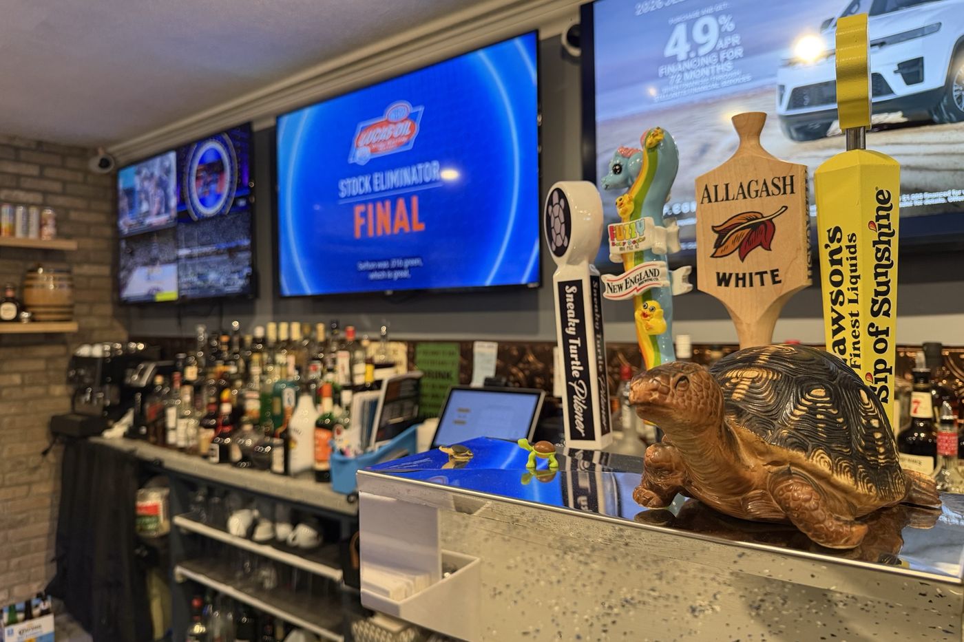 A "Sneaky Turtle Pilsner" tap handle beside a carved wooden turtle on the bar.